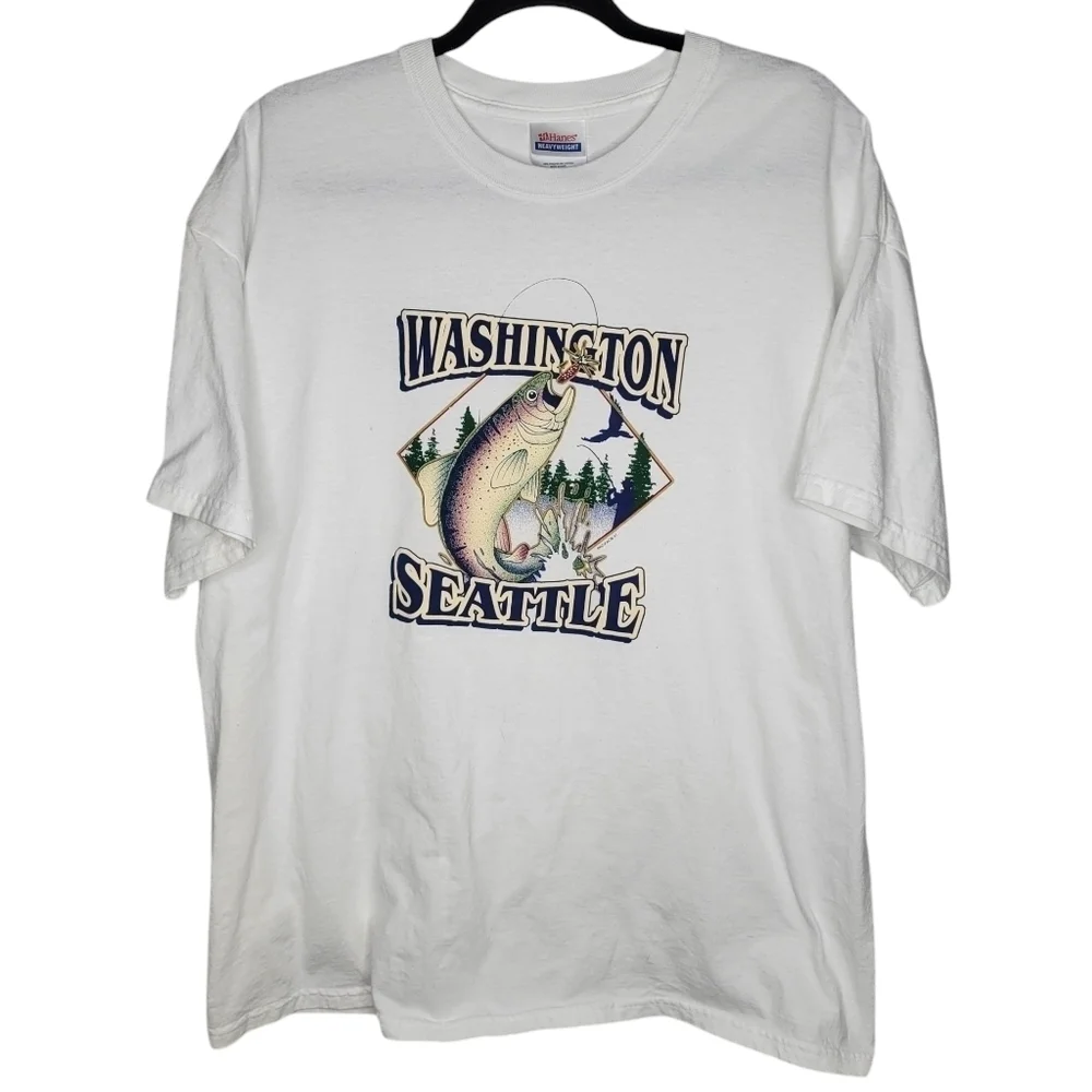 Vintage Y2K Seattle Washington Trout Fishing Tourist Graphic T-Shirt in White XL